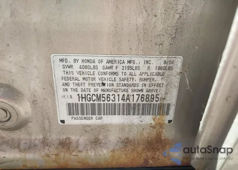 2004 Honda Accord 2.4 Lx z USA, uszkodzony, nr VIN 1HGCM56314A176895